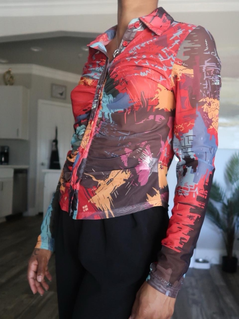 SHEIN Multicolor Abstract Sheer Button-Up Top